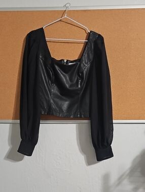 Bar III Black Faux Leather Peasant Sleeve Top